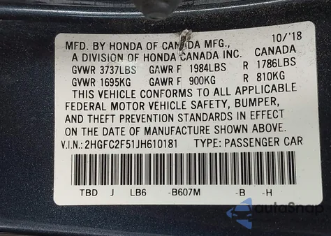 2018 Honda Civic Lx из США, поврежденный, VIN 2HGFC2F51JH610181